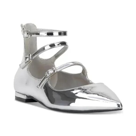 I.N.C. Valan Triple Strap Silver Flats Women's Size 6 Pointed Toe Zip Back $80 - Picture 1 of 2